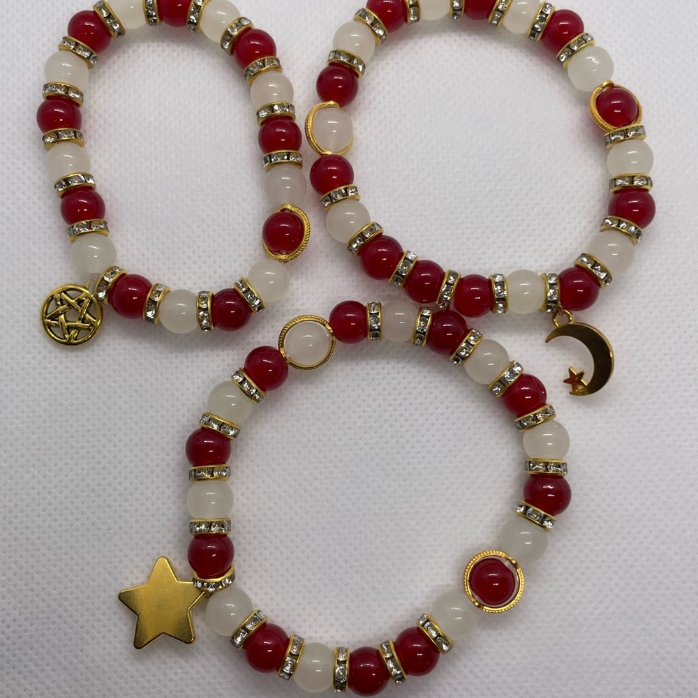 Gold and Red Beaded Charm Bracelets